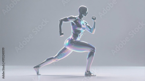 A futuristic runner in iridescent attire, expressing speed and agility, used for sports or technology themes.