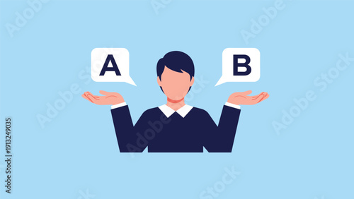 Male character in a dark suit stands between two speech bubbles labeled A and B while contemplating which option to choose for a decision.