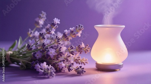 Lavender bouquet and glowing aroma lamp, creating a serene and calming atmosphere, perfect for relaxation or meditation.