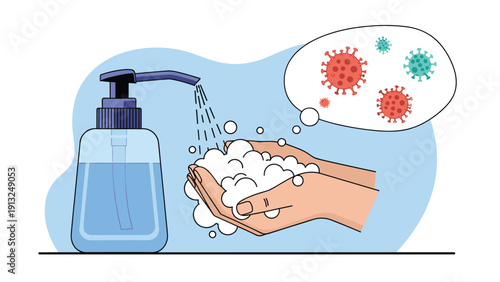 Illustration of hands washing with blue soap and white foam to protect against virus particles shown in a thought bubble.
