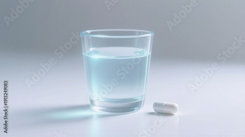 A clear glass of water beside a white capsule, expressing health and simplicity, used for medical or wellness content.