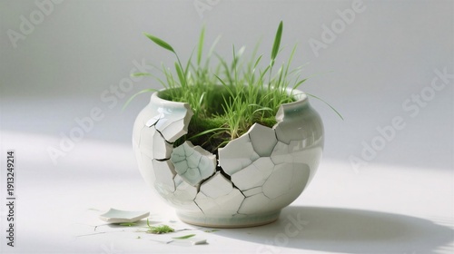 Cracked ceramic vase nurturing vibrant green grass, symbolizing resilience and new beginnings, perfect for motivational content.