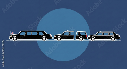 Black cars and suv in convoy with american flag on lead vehicle against blue background with large circle