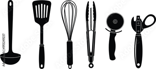 Silhouette vector set of 6 kitchen utensils ladle spatula whisk tongs pizza cutter and can opener