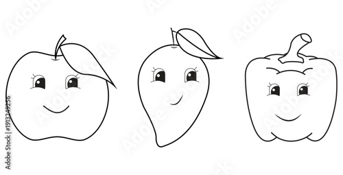 Simple black and white outline illustration featuring happy faces drawn on an apple a mango and a bell pepper for coloring activities