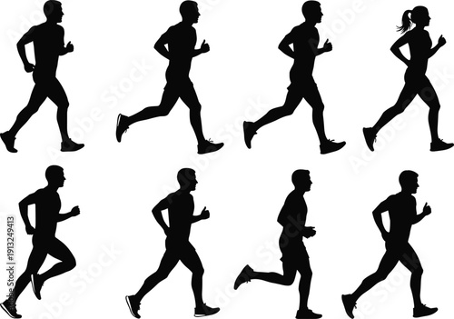 Collection of Male and Female Runners in Motion, Black Silhouette Vector Illustration Set Isolated on White Background for Fitness Design