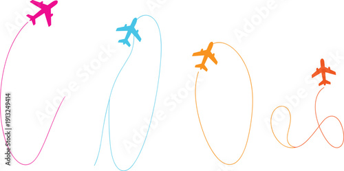 Colorful airplane flight path vector illustration showing looping routes and curved trails, minimal line art style for travel, aviation, tourism, navigation, and journey concepts
