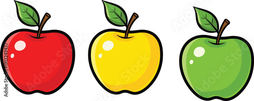 Colorful apple vector illustration set featuring red, yellow, and green apples in cartoon flat style for food design, education, branding, and packaging use