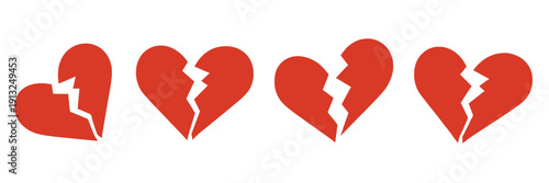 Set of broken red heart icons showing different fracture patterns