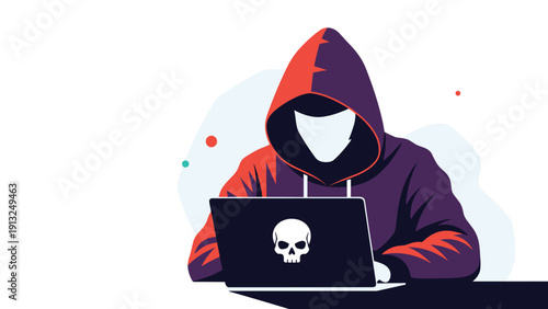Cybersecurity concept illustration features a hooded hacker sitting in front of a laptop computer with a skull icon displayed on the lid.