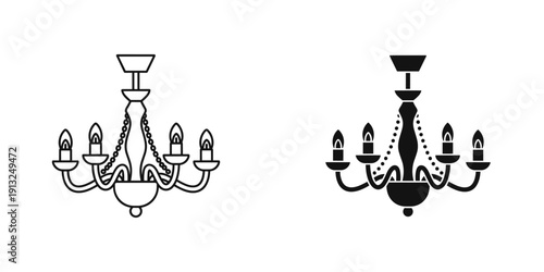 Elegant minimalist black and white vector illustration of two stylish chandeliers, perfect for home decor, lighting design, and modern interior concepts.