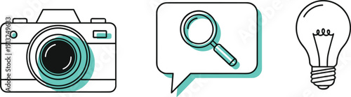 Creative Photography, Search and Idea Icons Set, Camera Magnifying Glass and Light Bulb Line Vector Illustration Isolated on White Background