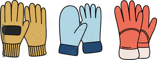 Colorful winter gloves vector illustration set featuring mittens and insulated handwear designs, flat style icons for cold weather clothing, outdoor fashion, safety, and seasonal apparel concepts