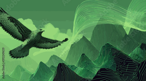 A green-toned digital artwork depicts a hawk in flight over mountains with streaks of lines