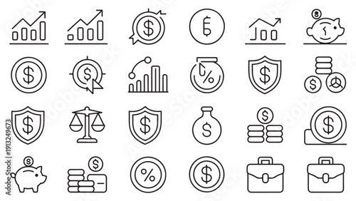 Minimalistic finance and business icons grid.