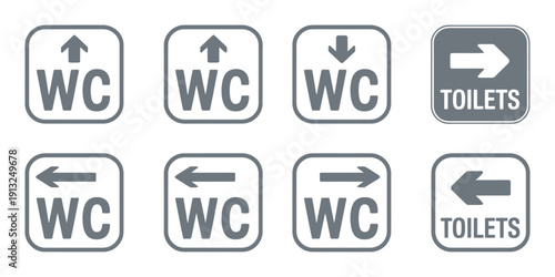 Collection of directional bathroom and toilet signs with various arrows