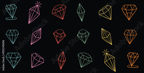 Assortment of colorful hand drawn diamond illustrations showcasing various geometric cuts and sparkling facets against a solid black background design element