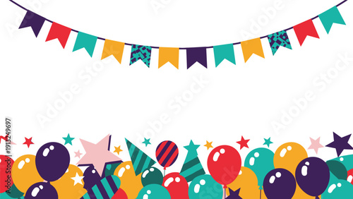 Festive party background featuring colorful balloons, stars, party hats, and a string of triangular bunting flags on white.