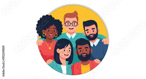 Diverse group of five friends smiling together in a circle arms around each other on a yellow background conveying friendship and unity