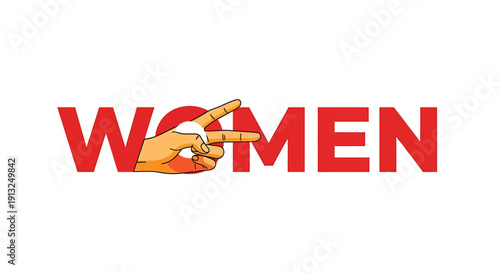 Hand gesture pointing with word women in bold red letters