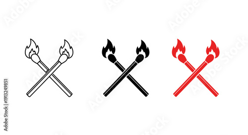 Three crossed lit matchsticks with fire flames illustration design