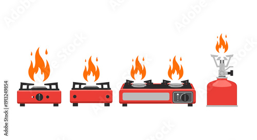 Illustrations of camping cooking equipment with different flame intensities