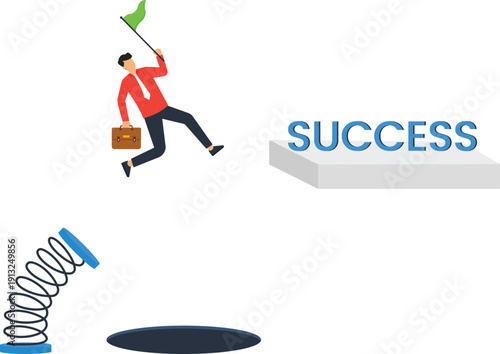 Businessman jumping spring success goal achievement business strategy overcoming obstacles risk management career development forward momentum