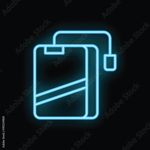 Blue neon icon of a power bank charging a smartphone on a black background