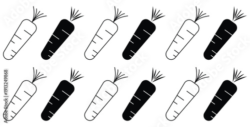 Simple black and white repeating pattern featuring stylized carrot icons alternating between outline and solid fill designs for graphic backgrounds