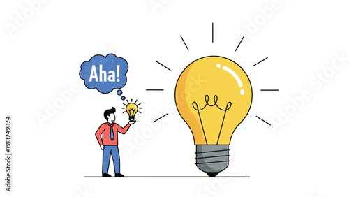 Small business person stands next to a massive glowing lightbulb while holding a smaller one to represent big ideas and creative inspiration.