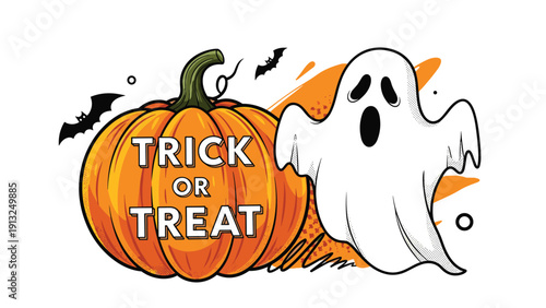 Large orange jack-o-lantern pumpkin next to a surprised white ghost with bats and the text trick or treat in the center.
