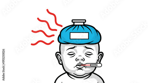 Illustration of a sick baby with a fever wearing an ice pack on the head and a thermometer in the mouth showing distress.