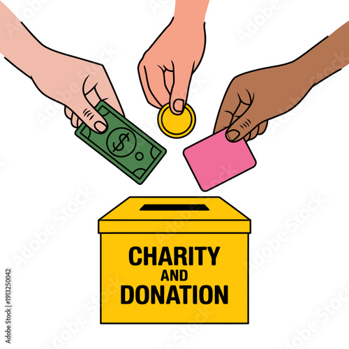 Illustration showing people donating money and coins to charity box