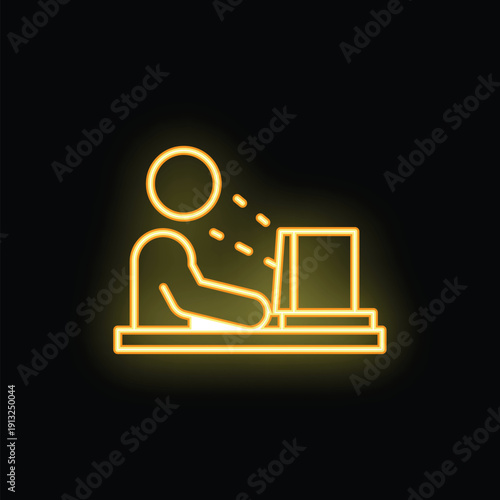 Neon sign icon of a man working on a computer, with light emanating from the screen
