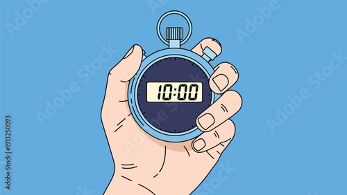 Human hand holds a blue digital stopwatch showing ten minutes exactly against a solid blue background representing time management and speed.