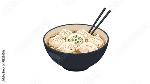 Steaming bowl of Chinese dumplings or xiaolongbao in savory broth topped with green onions and served with chopsticks.