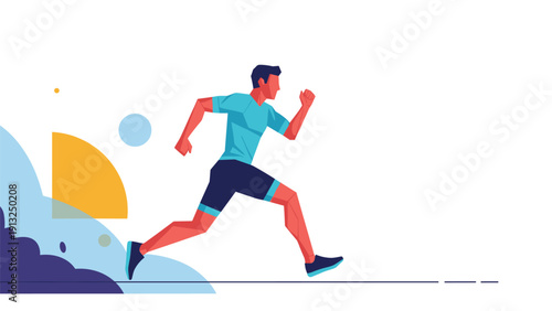 Athletic man runs forward with high intensity against a stylized background of geometric shapes and clouds representing fitness and exercise.