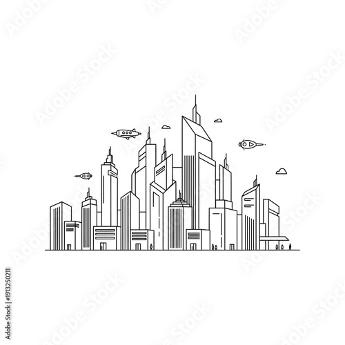 Futuristic cityscape with sleek skyscrapers and flying cars in urban landscape