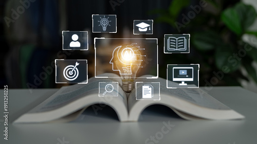 Quadro su tela Concept of AI artificial intelligence supporting AI education solution, search, reskill, analytics and AI task management in a connected future AI wisdom digital workflow