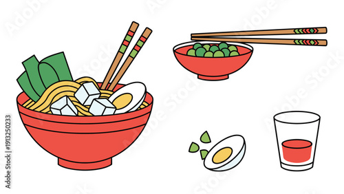 Set of Japanese food illustrations including a bowl of ramen, green edamame beans in a bowl, a sliced egg, and sake.