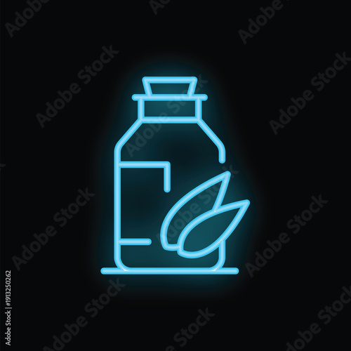 Blue neon icon of a bottle of almond oil glowing on a black background
