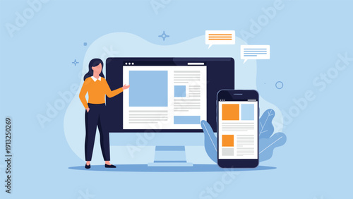 Young woman points toward a large computer monitor and a smartphone screen both displaying a modern website layout with blue and orange elements.