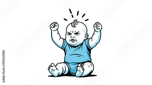 Grumpy baby wearing a blue shirt sitting with clenched fists and an angry facial expression showing a temper tantrum.