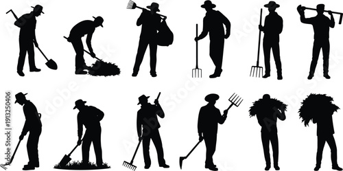 Farmer Silhouettes Set Working with Agricultural Tools, Rural Farming and Field Labor Activities Collection, Traditional Agriculture Concept Illustration Isolated on White Background