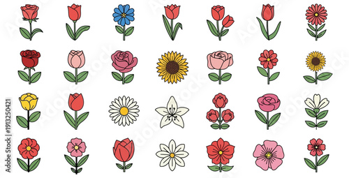 Collection of charming doodle style flower icons featuring various species like roses tulips daisies and sunflowers perfect for spring design elements