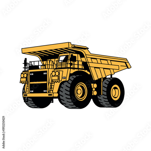 A large yellow mining truck drives on a rugged industrial site terrain.