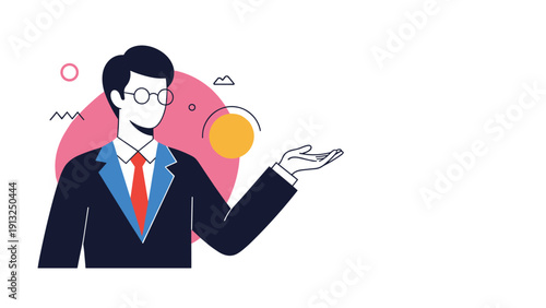 Businessman in a dark suit and glasses gestures with an open palm toward an empty space as if presenting a new product or a brilliant concept.