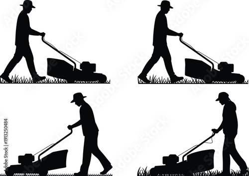 Lawn mowing silhouettes collection showing gardener pushing grass cutter mower during yard maintenance black vector illustration isolated on white background