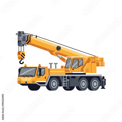 Heavy crane truck illustration on white background, viewed from side, showcasing machinery details