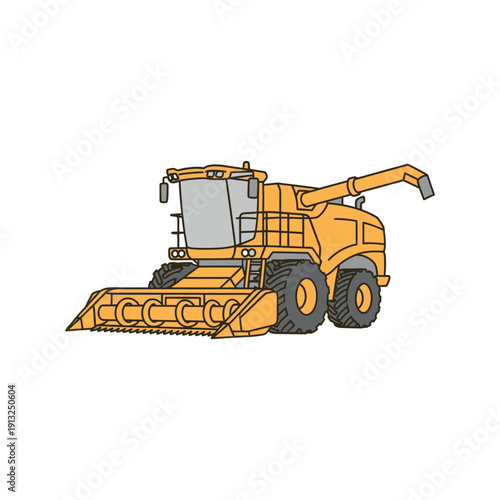 Illustration of a combine harvester in action, harvesting crops from a side view in a field environment.